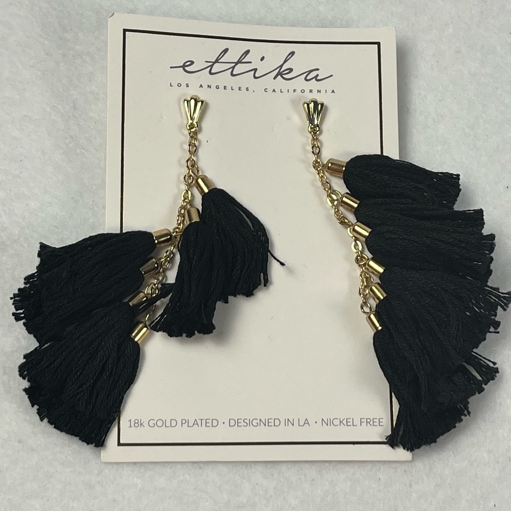 Ettica Day Dreamer Tassel Black Earrings• 18K Gold Plated• New